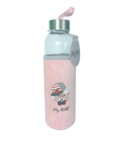 Figürlü Peluş Kılıflı Renkli Cam Matara Suluk 500 ml HK5017