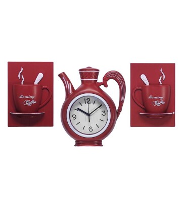 Dekoratif Duvar Saati Kırmızı Fincan 3lü Set HK229