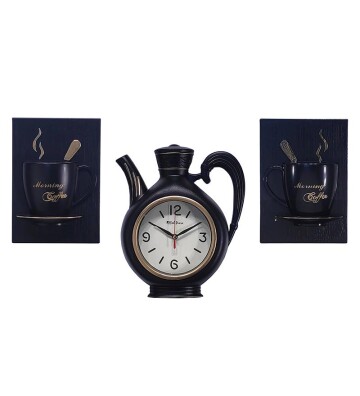 Dekoratif Duvar Saati Siyah Fincan 3lü Set HK221