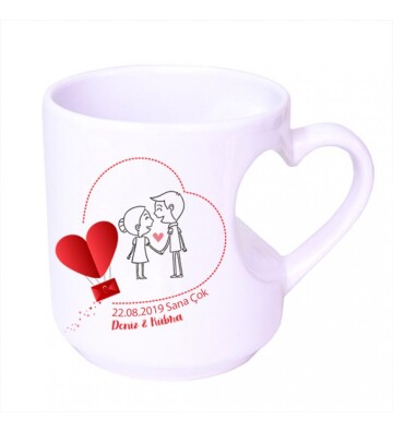Kişiye Özel Kalp Kulplu Baskılı Porselen Beyaz Kupa