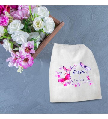 Kişiye Özel Doğum Günü Büzgülü Bez Hediye Kesesi 30x35 cm HK2148