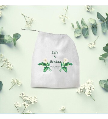 Kişiye Özel Düğün Nikah Hatırası Büzgülü Bez Hediye Kesesi 30x35 cm HK2150