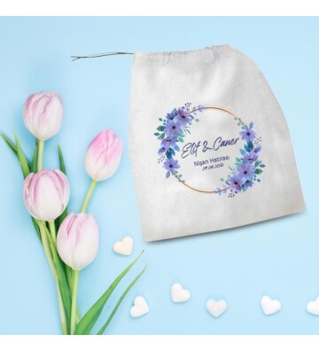 Kişiye Özel Düğün Nişan Hatırası Büzgülü Bez Hediye Kesesi 30x35 cm HK2151