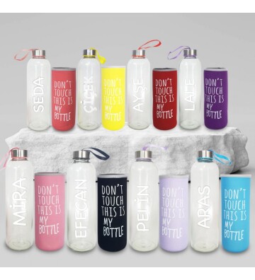 Kişiye Özel İsimli Renkli Kılıflı Cam Su Şişesi 750 ml