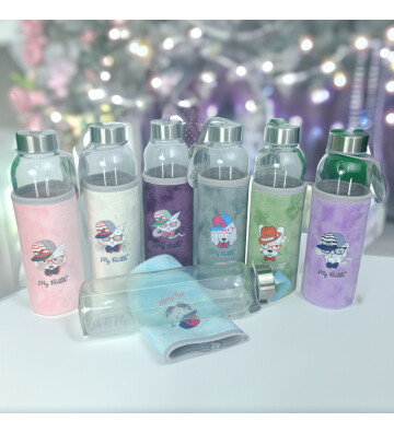 Figürlü Peluş Kılıflı Renkli Cam Matara Suluk 500 ml HK5017